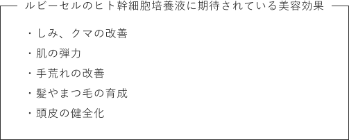 【ルビーセルのヒト幹細胞培養液に期待されている美容効果】しみ、クマの改善、肌の弾力、手荒れの改善、髪やまつ毛の育成、頭皮の健全化